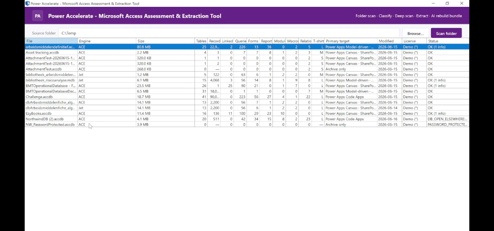 Power Accelerate MS Access assessment grid showing .accdb files with T-shirt sizing, signal counts and licence badges