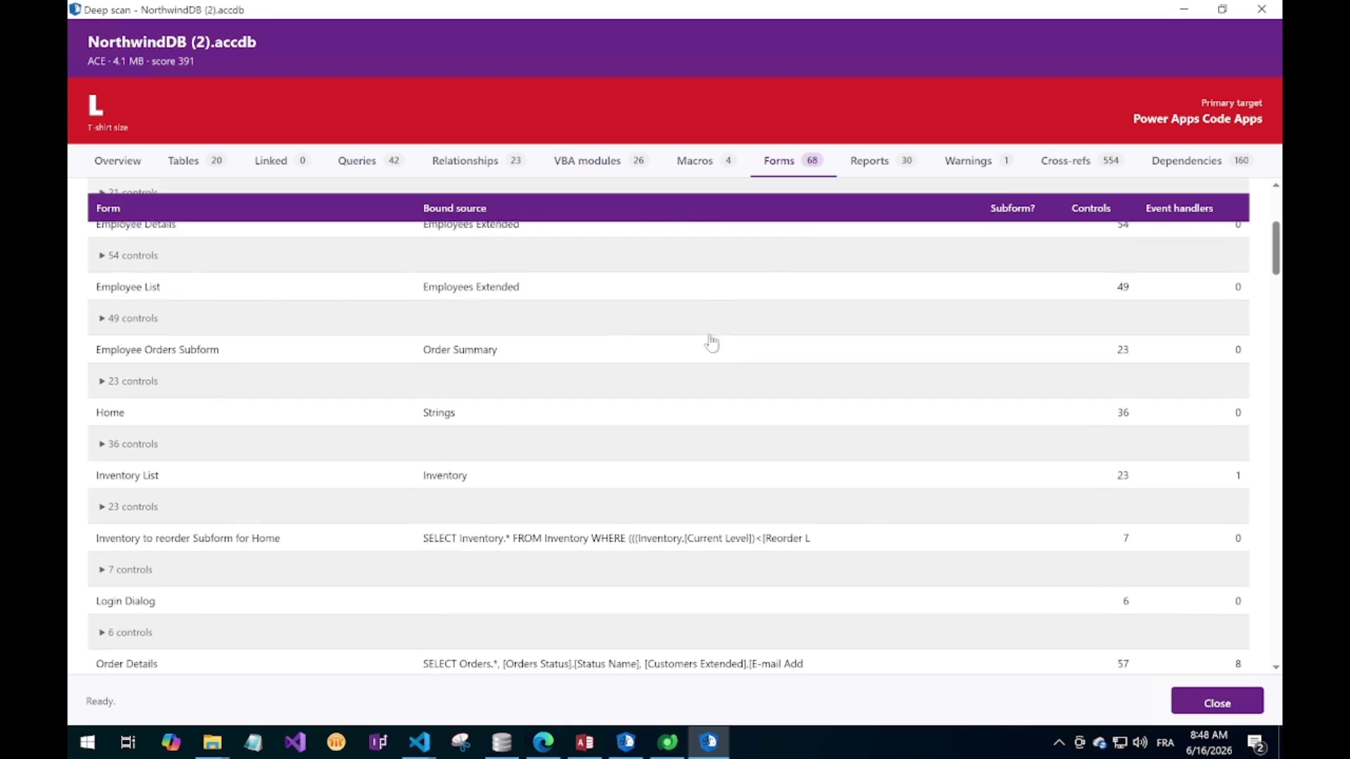 Forms and Reports tab showing form and report definitions, controls, embedded macros