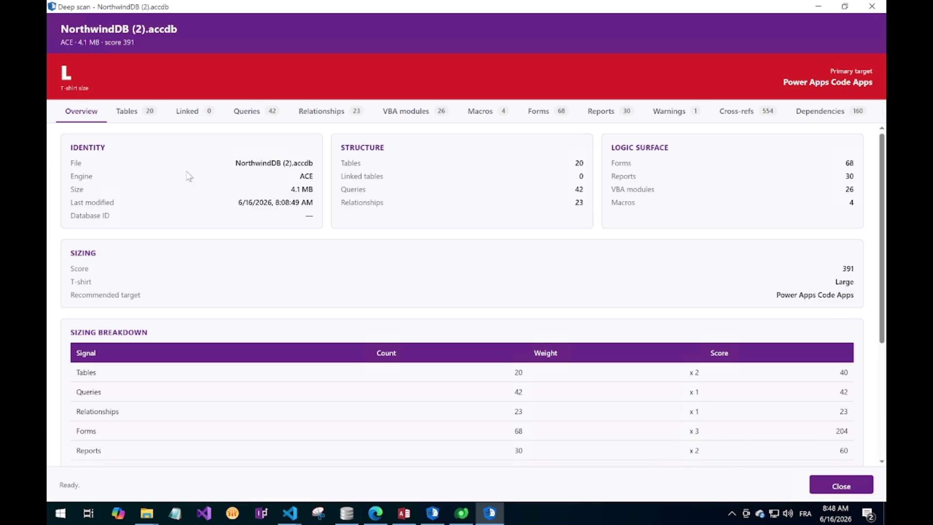 Deep Scan dialog showing file overview with T-shirt sizing, table counts, query counts, form counts, VBA LOC and target recommendation