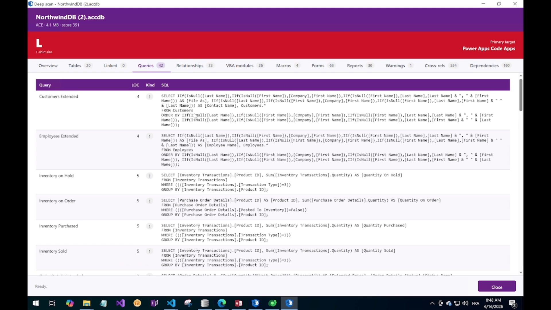 Queries tab showing saved queries with SQL text and virtual tables