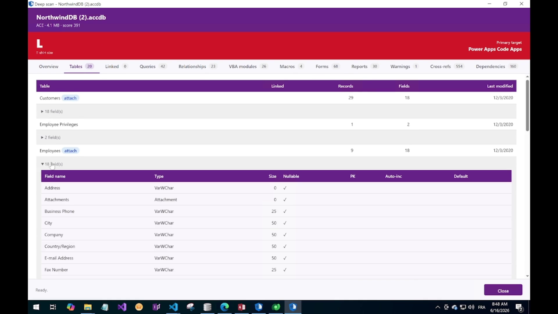 Deep Scan Tables tab showing schema with primary keys, foreign keys and relationships