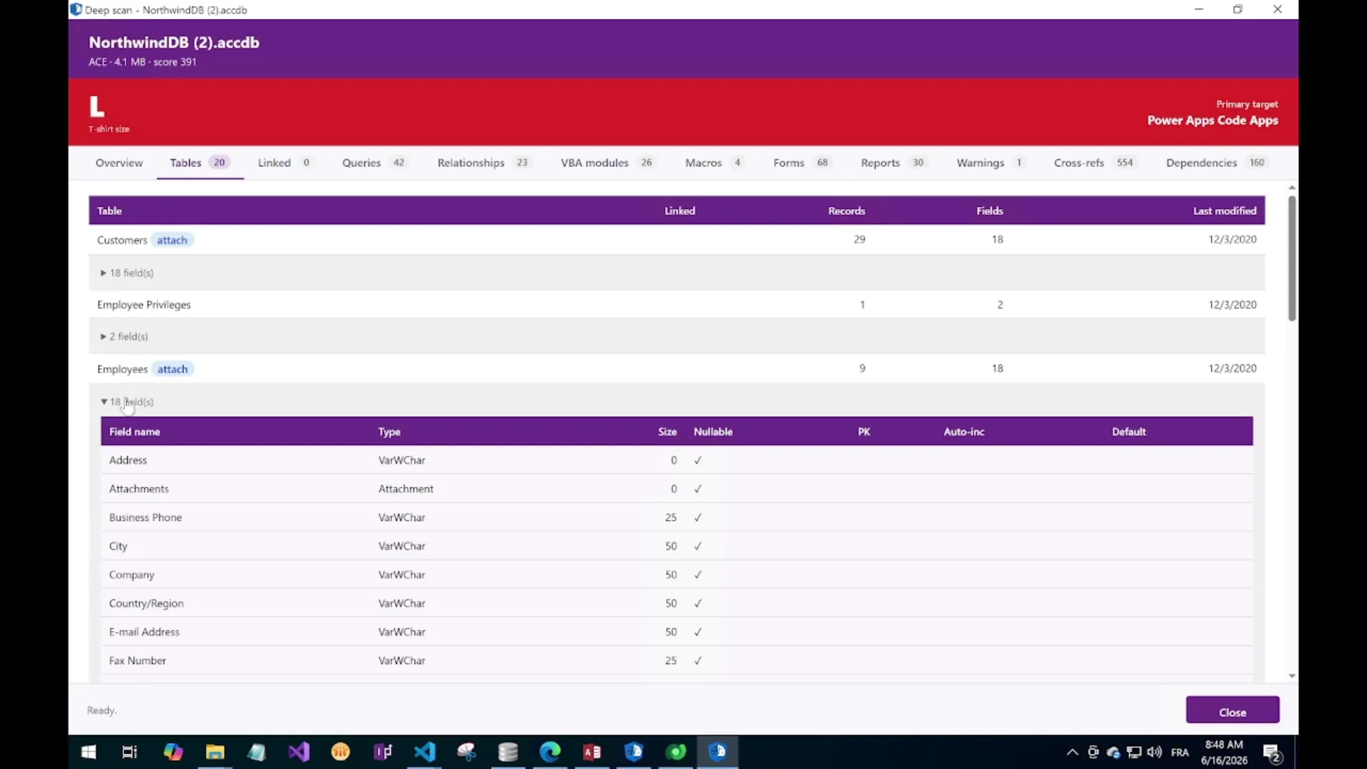 Deep Scan Tables tab showing schema with primary keys, foreign keys and relationships
