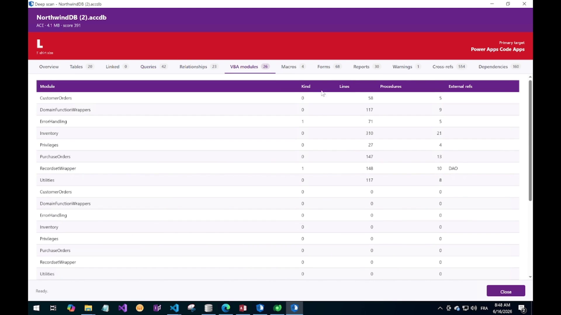VBA Modules tab showing module source code and call graph