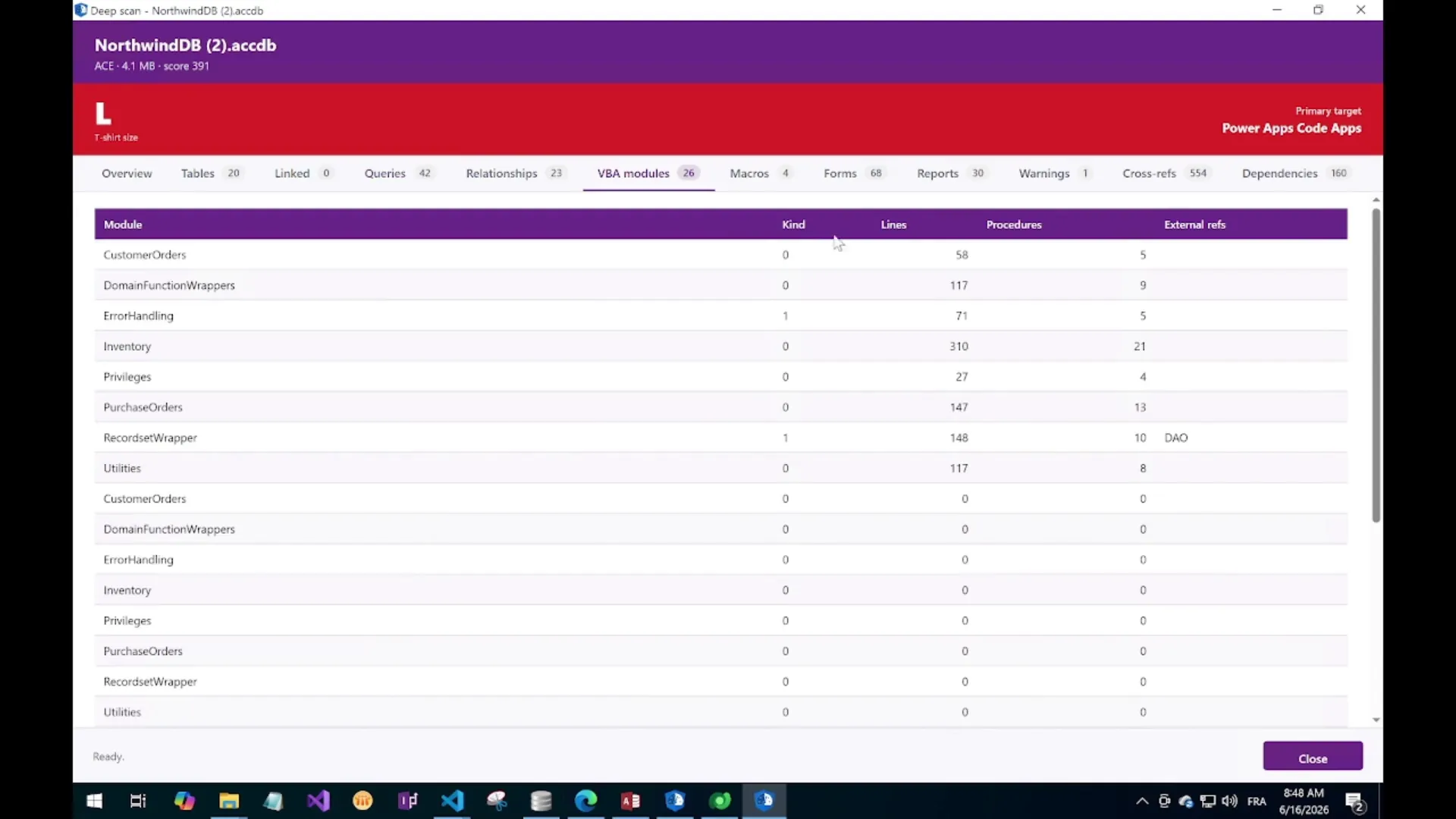 VBA Modules tab showing module source code and call graph