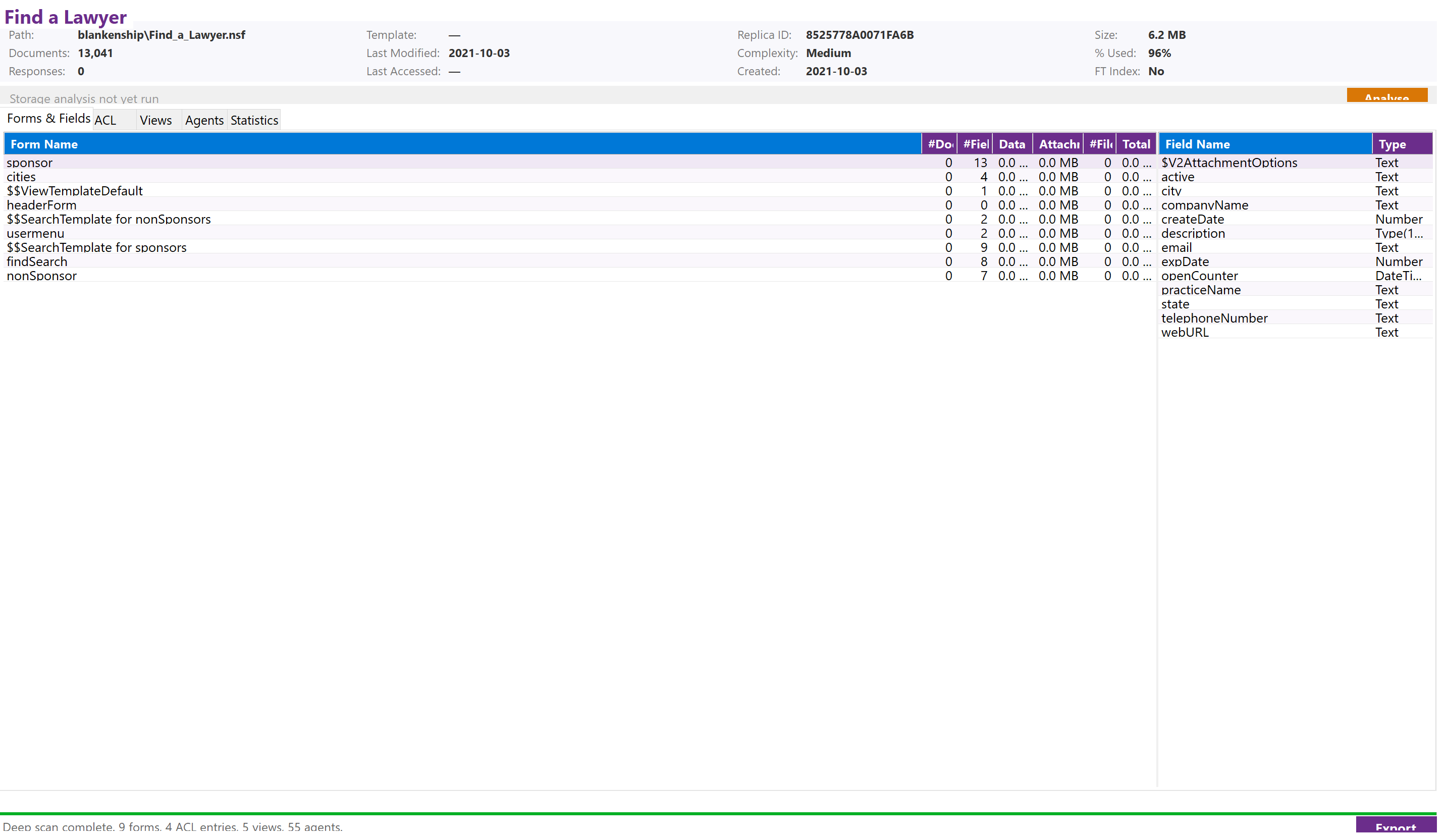 Deep scan Forms & Fields tab showing form inventory with field types and document counts