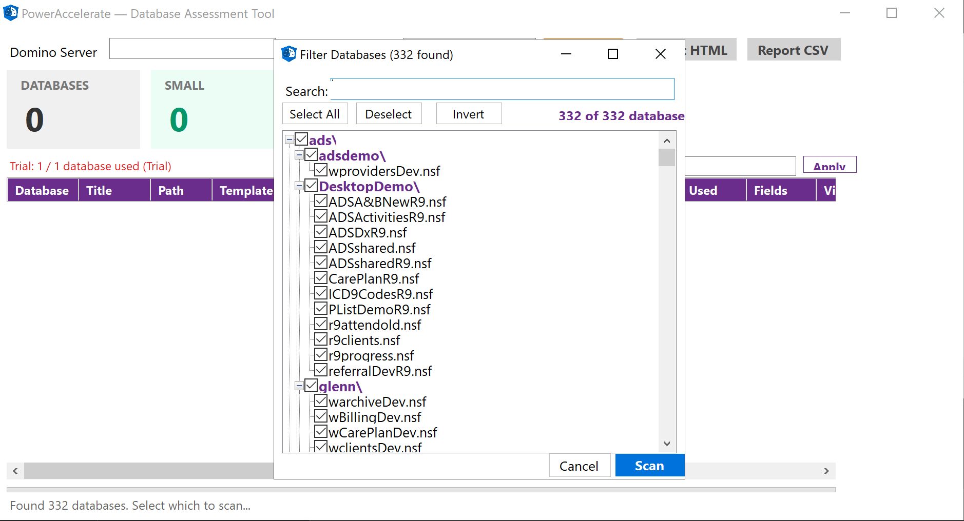 Database filter dialog with tree view showing 332 databases found on server
