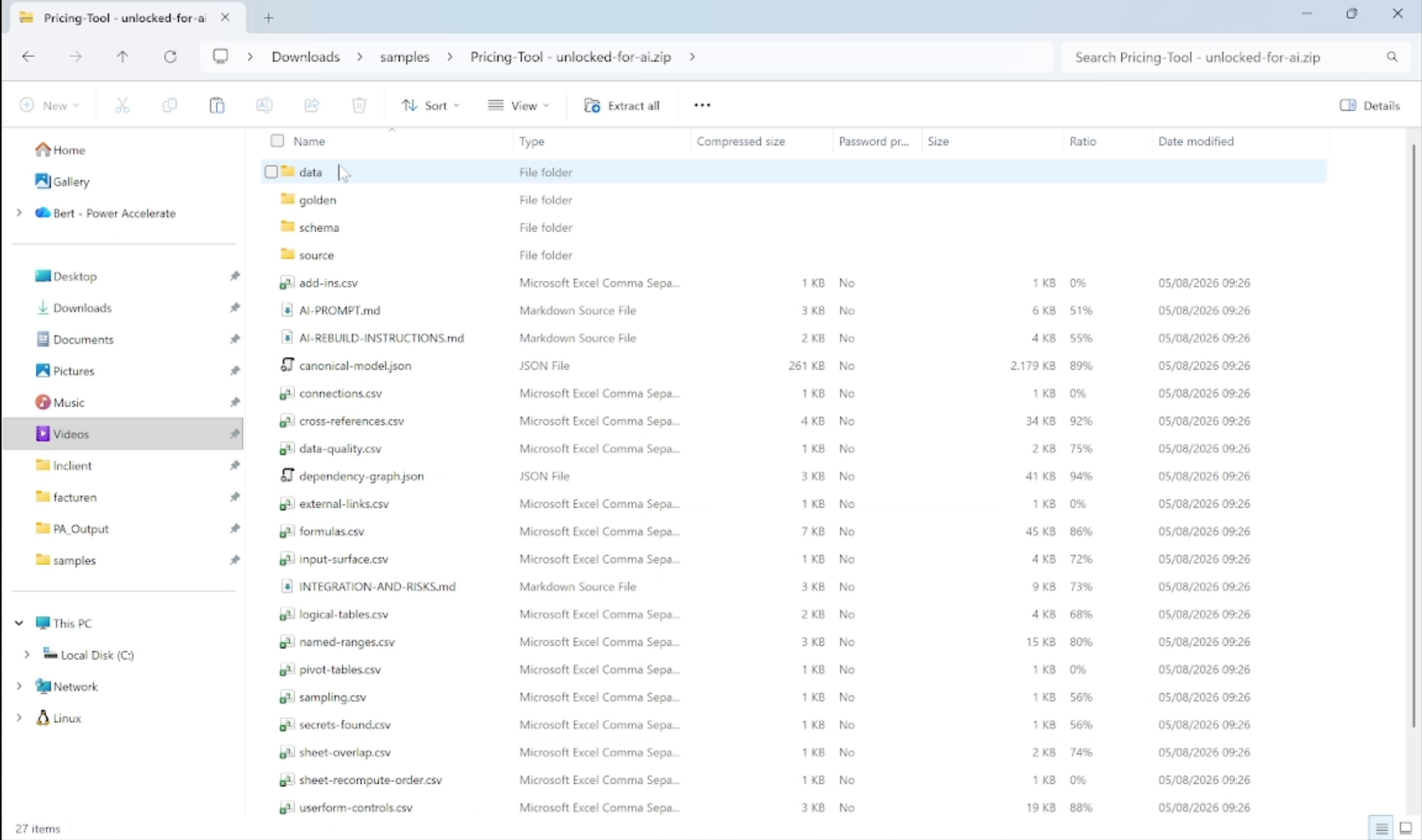Contents of the AI rebuild bundle zip - canonical model, schema, formulas, named ranges, dependency graph, VBA source and written rebuild instructions