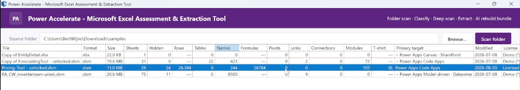 Power Accelerate Excel assessment grid showing workbooks with sheet, formula, VBA module counts, T-shirt sizing and recommended Power Platform target