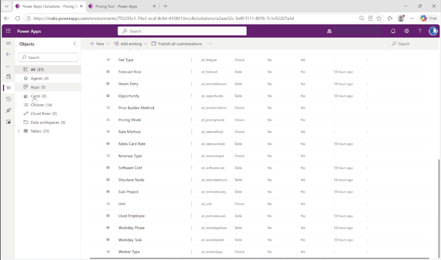 Power Apps solution showing the Dataverse tables and choice columns generated from the workbook