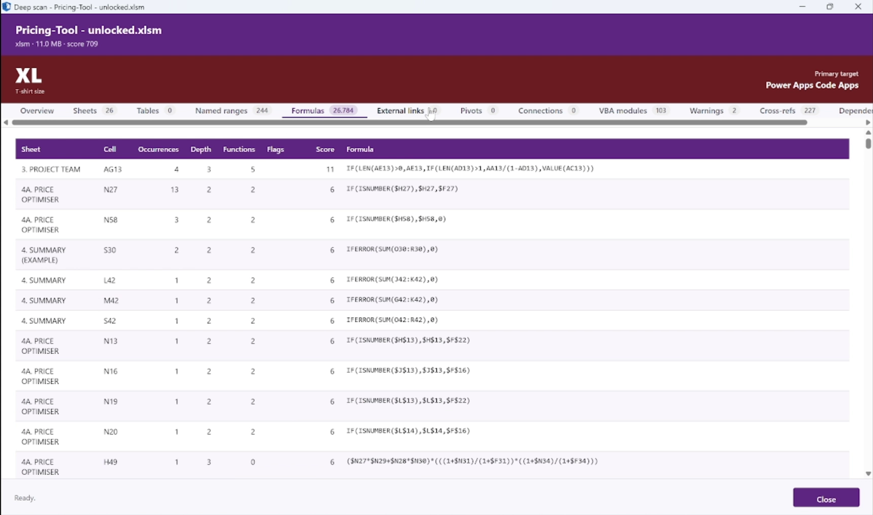 Deep Scan Formulas tab showing formula text with occurrences, nesting depth, function count and complexity score