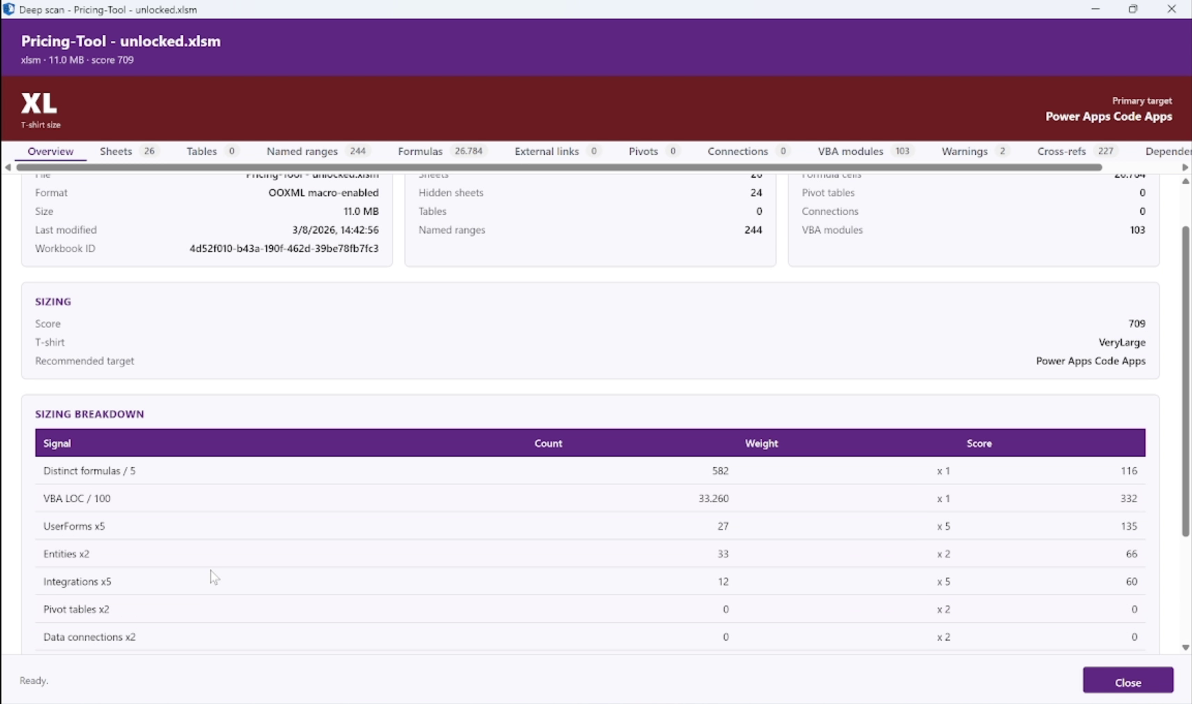 Deep Scan overview showing complexity score, T-shirt size, recommended target and the sizing breakdown by signal