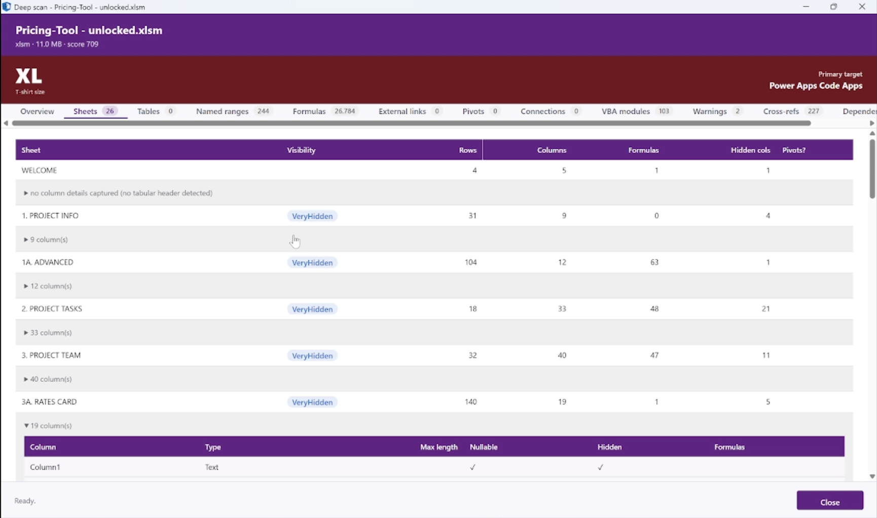Deep Scan Sheets tab showing every sheet with visibility, row, column and formula counts and per-column detail