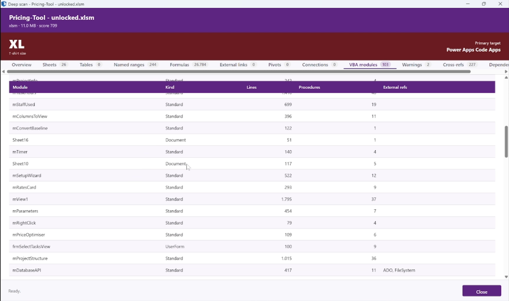Deep Scan VBA modules tab showing modules with kind, line counts, procedure counts and external references