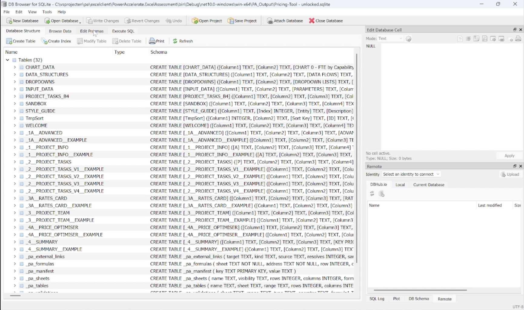 DB Browser for SQLite showing the extracted workbook - every sheet as a table plus the Power Accelerate metadata tables