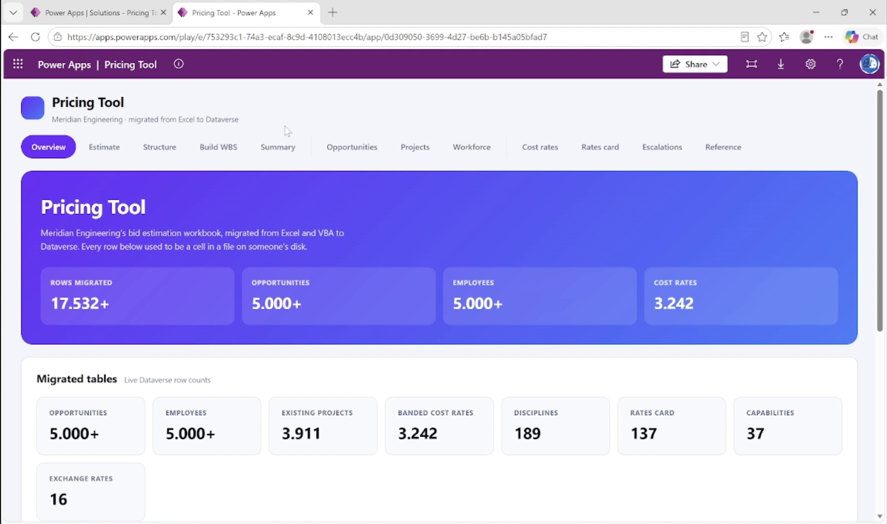 The rebuilt Pricing Tool running as a Power Apps Code App with live Dataverse row counts