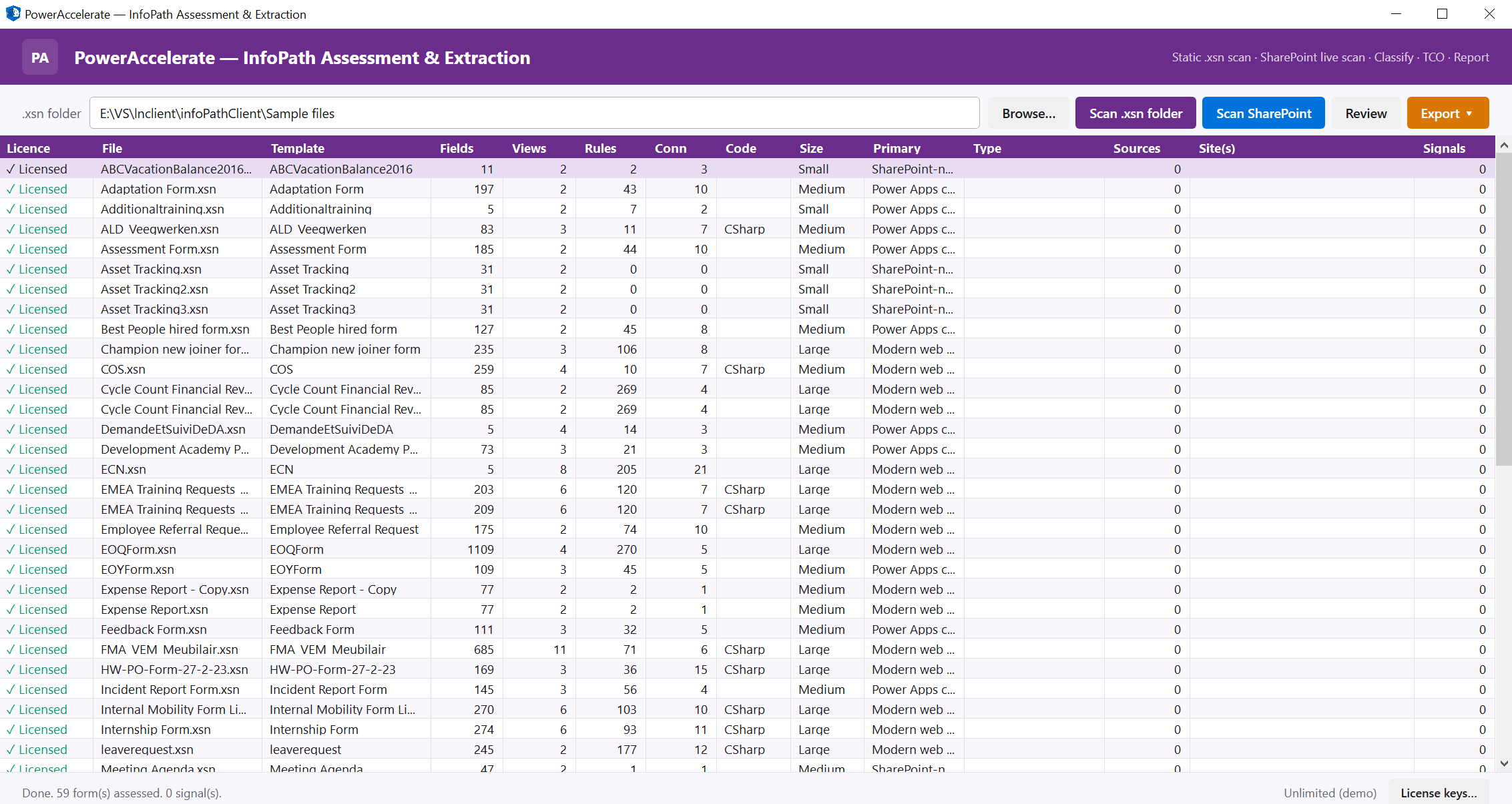 PowerAccelerate InfoPath assessment grid showing templates with T-shirt sizing, signal counts and licence badges