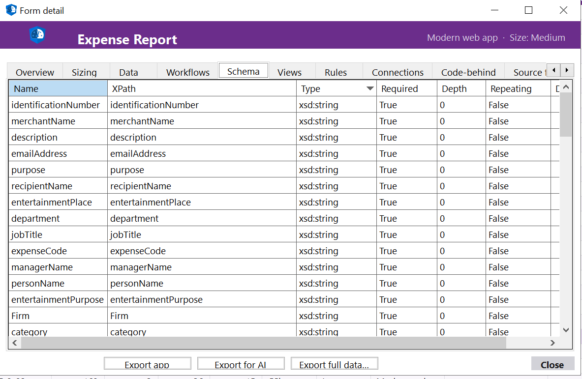 Deep Scan Fields tab showing schema tree with field names, types and repeating groups