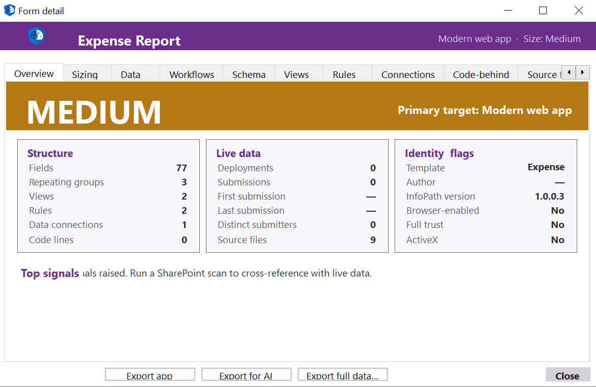 Form Detail dialog showing template overview with T-shirt sizing, structure counts, live data signals and identity flags