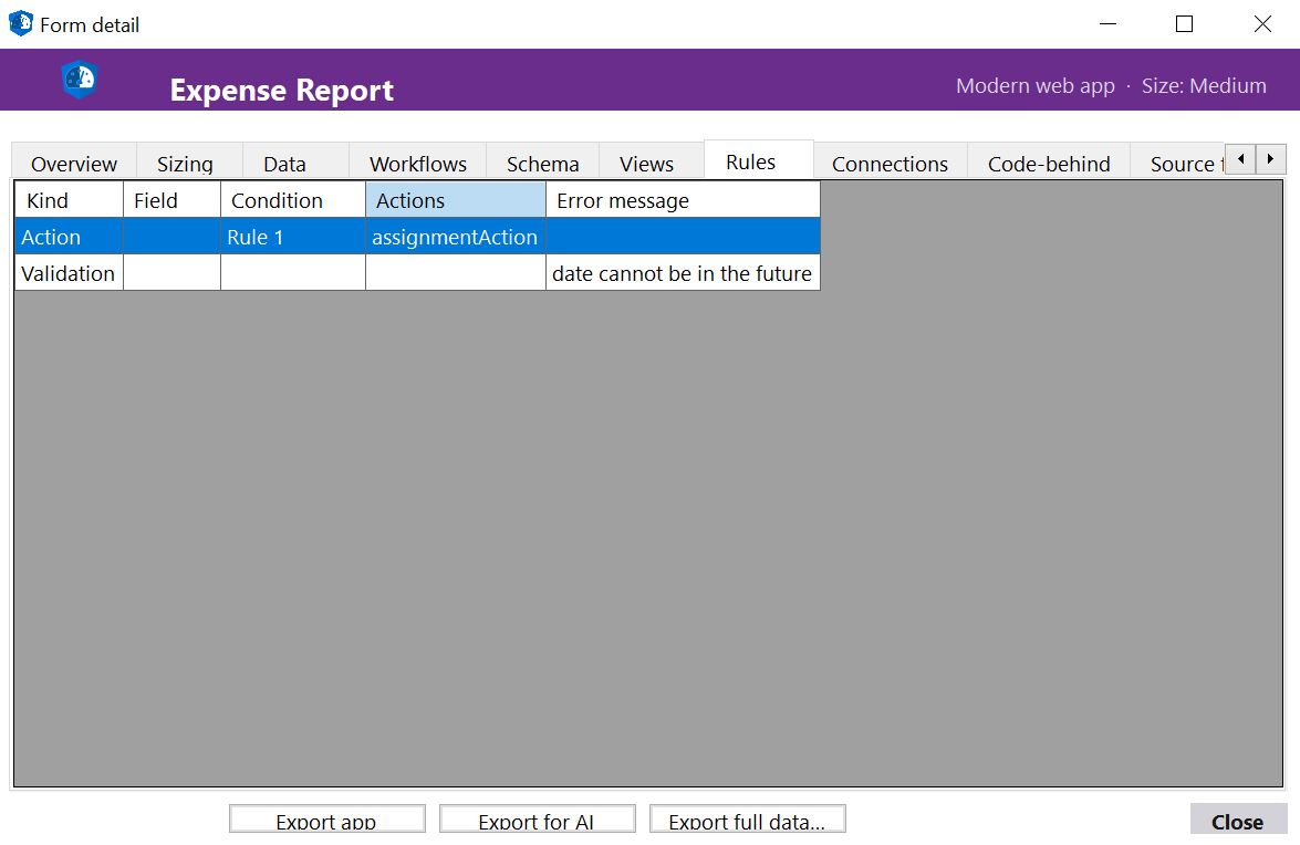 Rules tab showing validation rules, conditional formatting, and action rules
