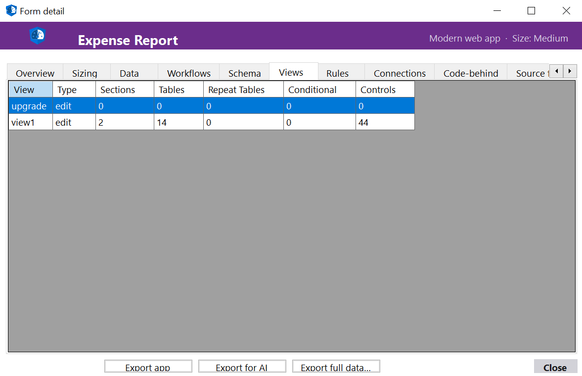 Views tab showing view layouts and field bindings