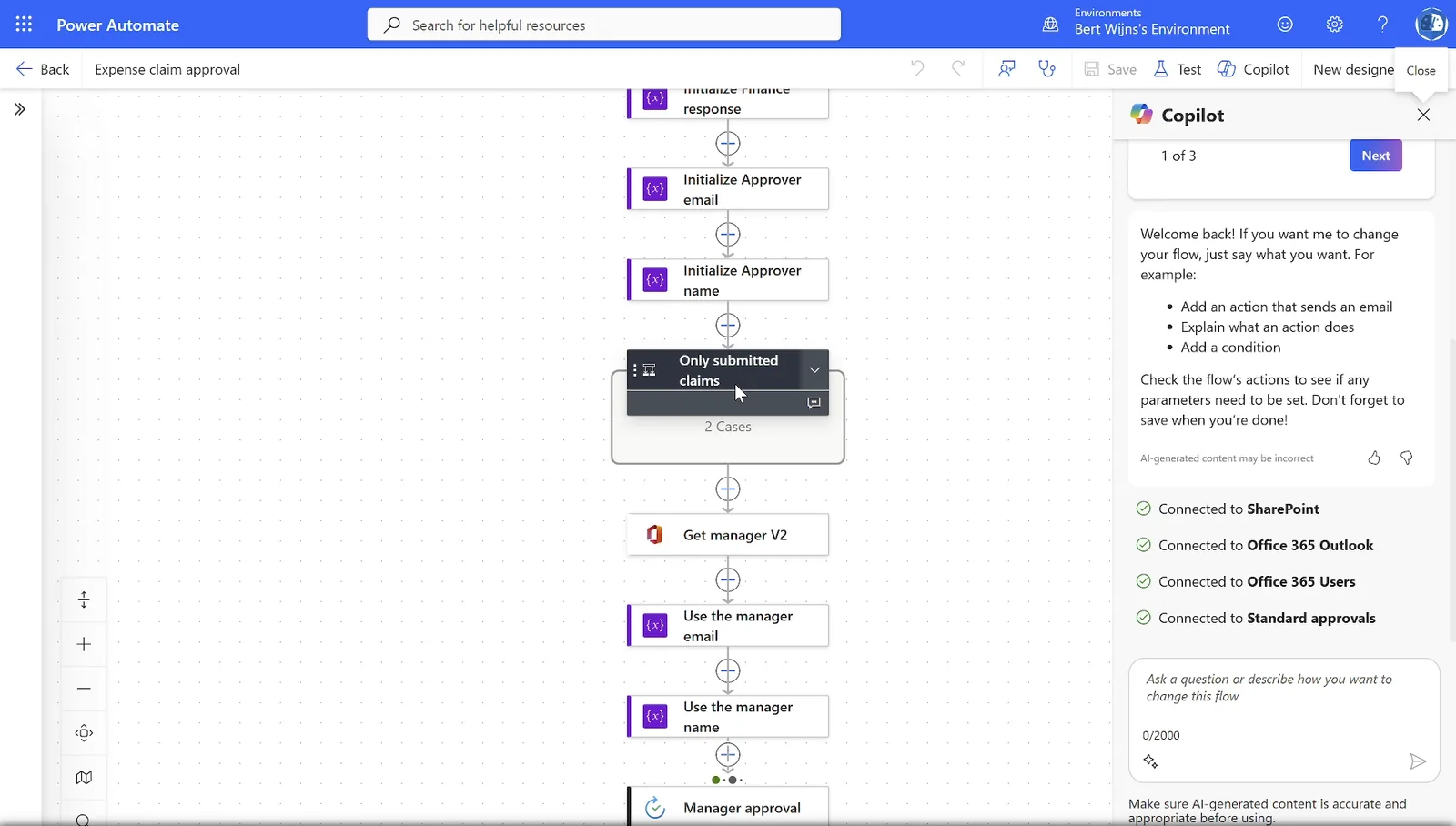 The rebuilt Expense claim approval flow open in the Power Automate designer
