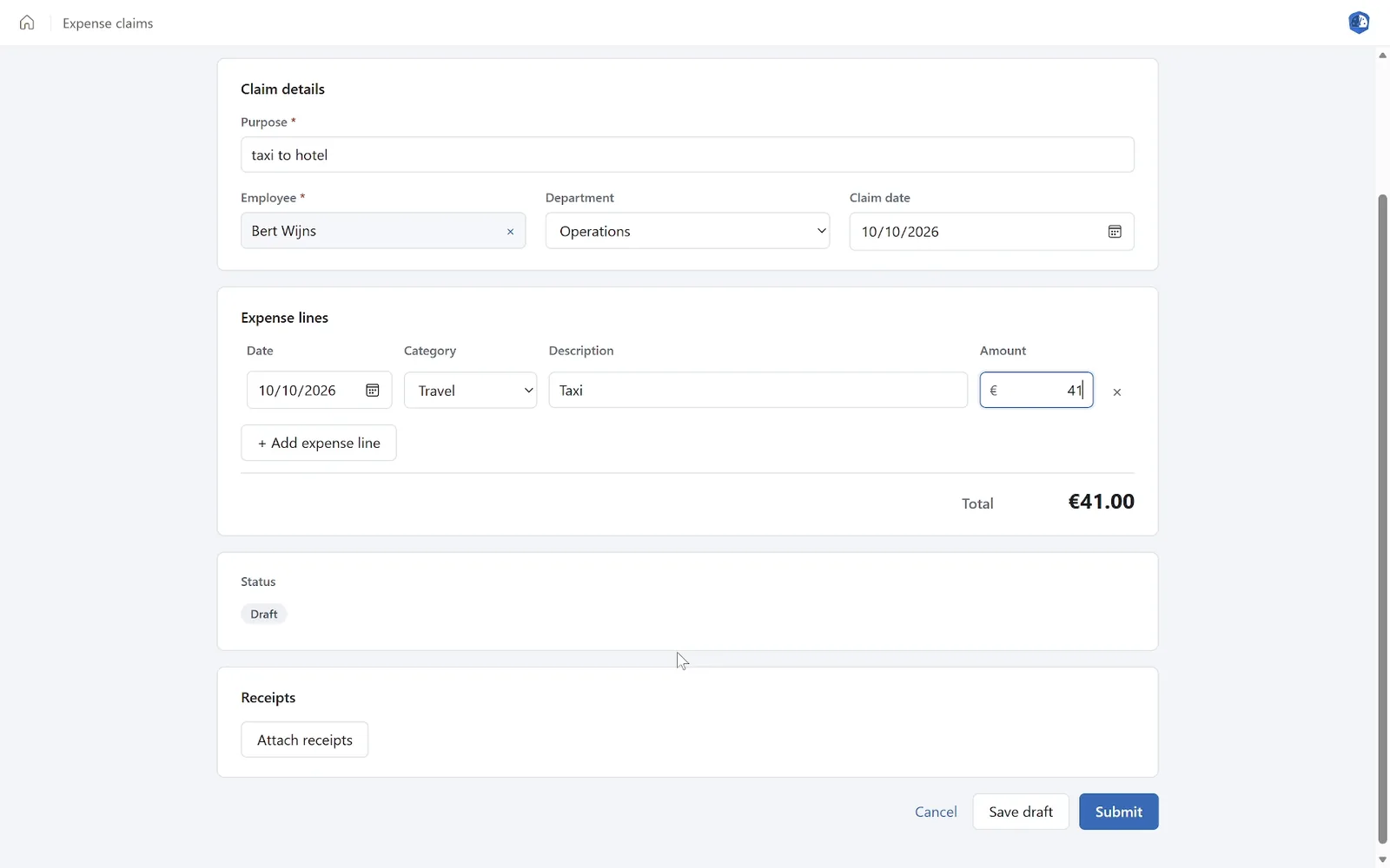 A new expense claim in the rebuilt app on the Copilot Managed Runtime, with expense lines and the total