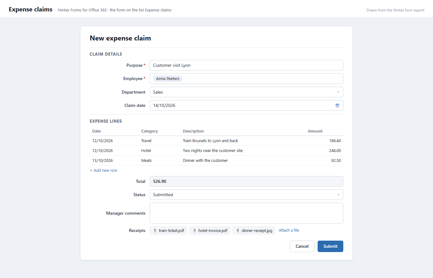 The Nintex expense claim form, drawn from its export file
