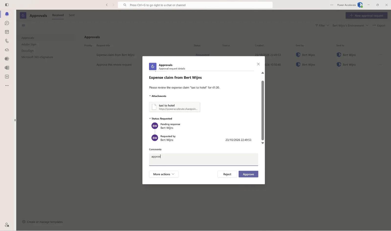 The manager approval for the expense claim in Microsoft Teams