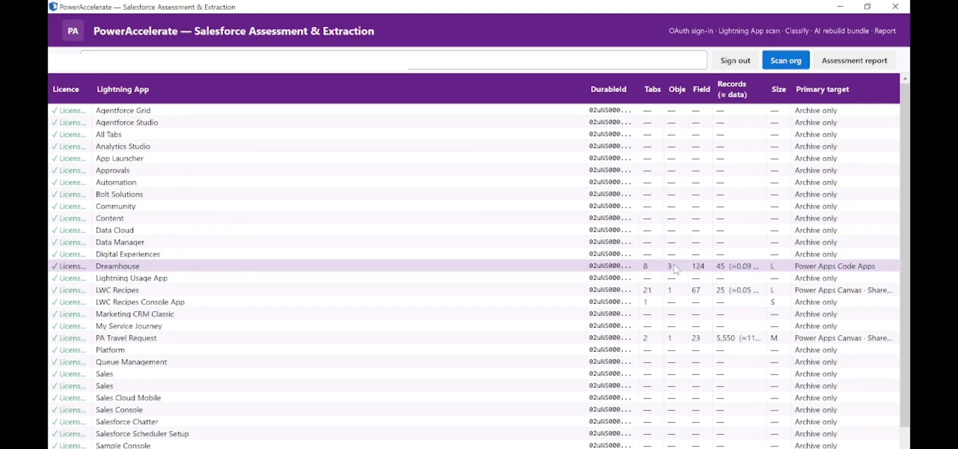 Power Accelerate Salesforce assessment grid showing custom objects with T-shirt sizing, signal counts and licence badges