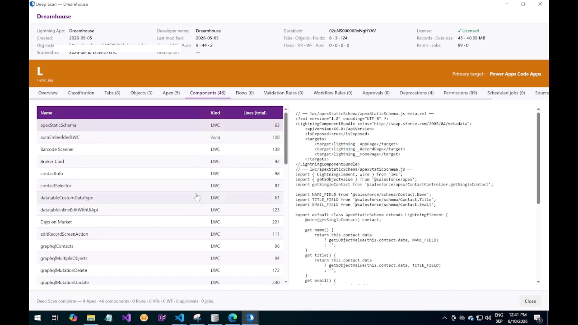 Components tab showing Lightning Web Components and Aura components with source
