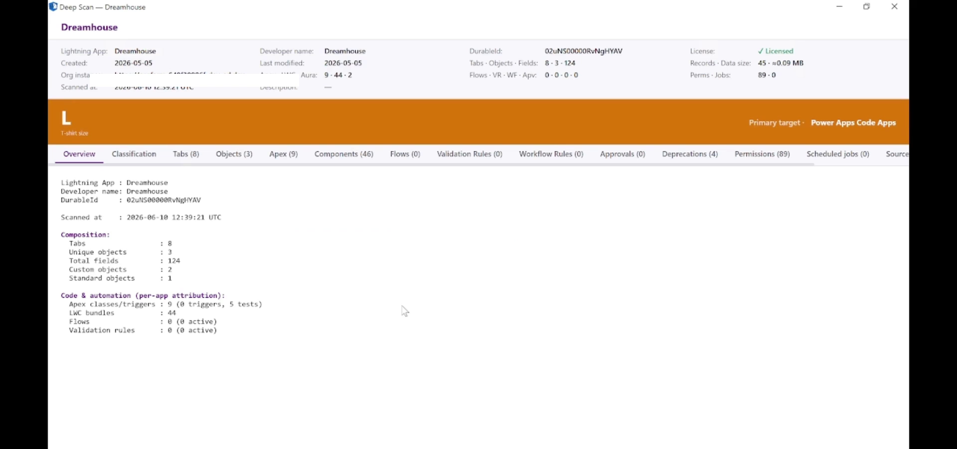 Object Detail dialog showing custom object overview with T-shirt sizing, structure counts, live data signals and identity flags