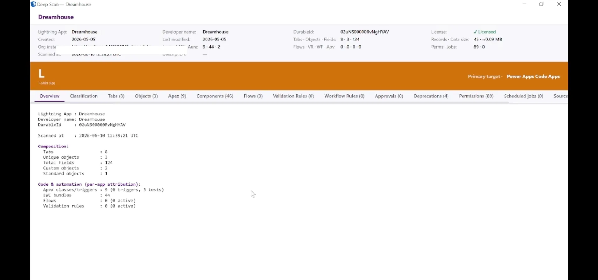 Object Detail dialog showing custom object overview with T-shirt sizing, structure counts, live data signals and identity flags